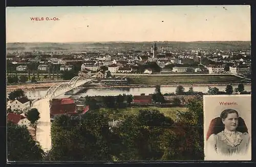 AK Wels /O.Oe., Ortsansicht und Portrait Welserin