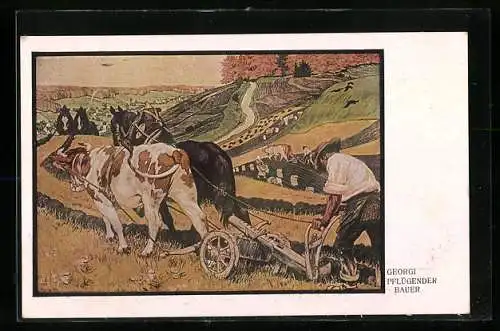 Künstler-AK W.Georgi: Bauer pflügt sein Feld mit Ochse und Pferd