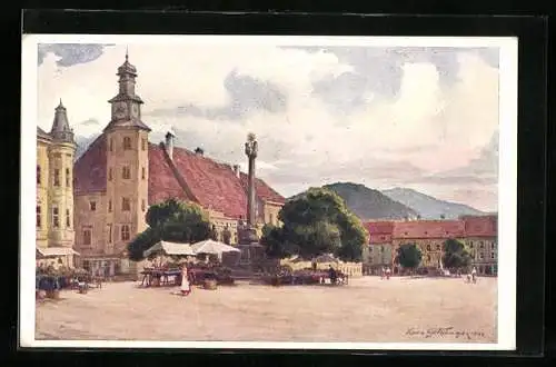 Künstler-AK Leoben, Hauptplatz mit Denkmal