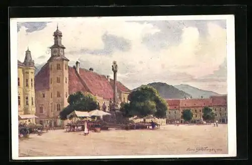 Künstler-AK Leoben, Hauptplatz mit Denkmal