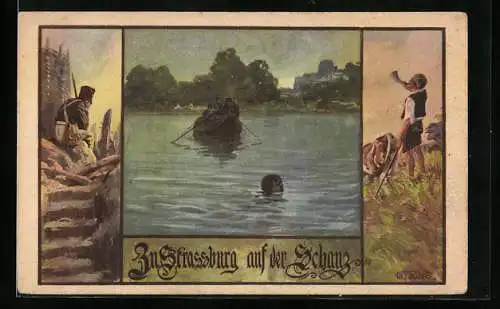 Künstler-AK Franz Jung-Ilsenheim: Teplitz-Schönau, In Strassburg auf der Schanz, Ruderboot auf dem Wasser