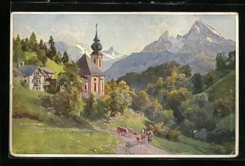 Künstler-AK Edward Theodore Compton: Gern gegen Watzmann mit getriebenen Kühen