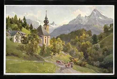 Künstler-AK Edward Theodore Compton: Gern gegen Watzmann mit getriebenen Kühen