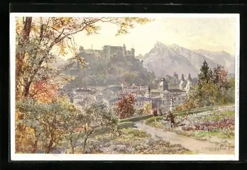 Künstler-AK Edward Theodore Compton: Salzburg, Ortsansicht vom Imberg