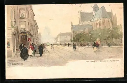 Künstler-Lithographie Henri Cassiers: Bruxelles, Rue de la Régence, Strassenpartie