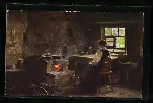 Künstler-AK Wilhelm Hasemann: Frau in einer Schwarzwälder Küche