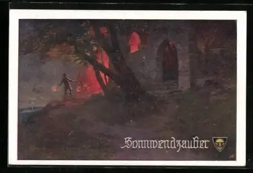 Künstler-AK Franz Jung-Ilsenheim: Sonnenwendzauber, Feuer an der Burgruine, Deutscher Schulverein