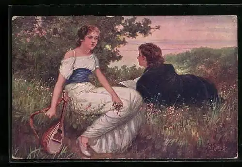 Künstler-AK Fr. Klimes: Paar mit Laute auf einer Wiese