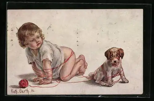 Künstler-AK K. Barth: Kleines Baby und Hund spielen mit einem Wollknäuel