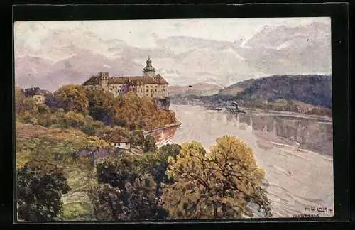 Künstler-AK Fritz Lach: Persenbeug, Blick zum Schloss, Dampfer