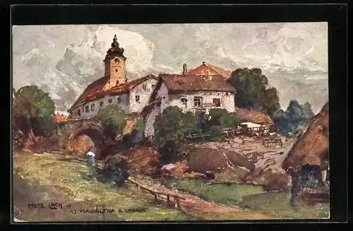 Künstler-AK Fritz Lach: Linz-St. Magdalena, Blick zum Ort