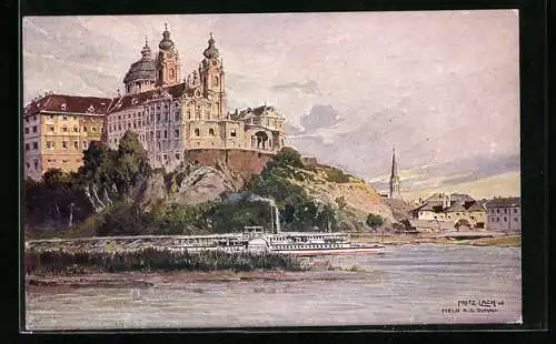 Künstler-AK Fritz Lach: Melk a. d. Donau, Stift mit Dampfer