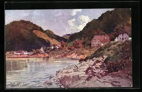 Künstler-AK Fritz Lach: Obermühl a. Donau, Partie am Ort