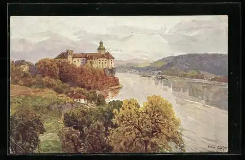 Künstler-AK Fritz Lach: Persenbeug, Blick zum Schloss, Dampfer