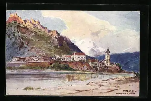 Künstler-AK Dürnstein /Donau, Gesamtansicht mit Burg (Gemälde von Fritz Lach)