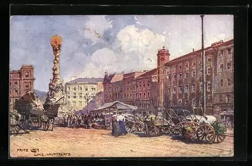 Künstler-AK Linz, Hauptplatz mit Markt und Denkmal