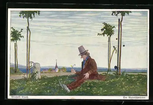 Künstler-AK Berthold Clauss: Naturschwärmer betreibt Pflanzenkunde