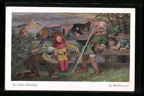 Künstler-AK Georg Mühlberg: Die sieben Schwaben, Szene: Klettern über einen Holzzaun