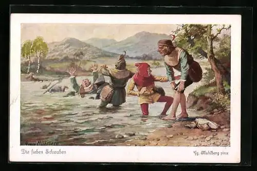 Künstler-AK Georg Mühlberg: Die sieben Schwaben überqueren einen Fluss