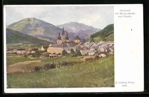 Künstler-AK Karl Ludwig Prinz: Mariazell, Ort mit Gemeindealpe und Otscher