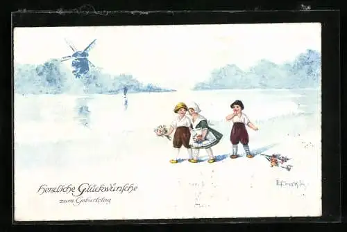 Künstler-AK Elly Frank: Kinder mit Blumen vor Windmühle im Hintergrund