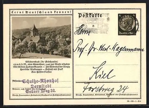 AK Wächtersbach /Kr. Gelbhausen, Teilansicht mit Kirche, Ganzsache Lernt Deutschland kennen