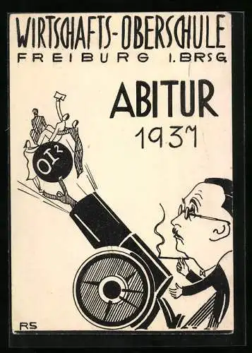 Künstler-AK Freiburg, Absolvia der Wirtschafts-Oberschule beim Abitur 1937, Studenten werden aus Kanone geschossen