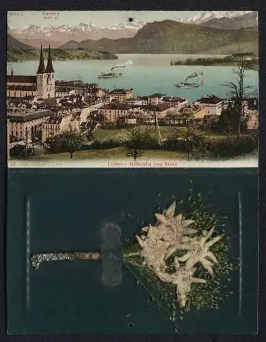 Trockenblumen-AK Luzern, Löwendenkmal, Hofkirche und Alpen, aufgeklebte echte Trockenblume