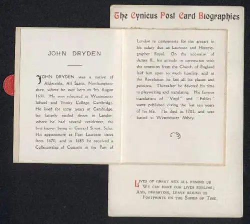 AK The Cynicus Post Card Biographies, Dichter Dryden, kleine Infobroschüre