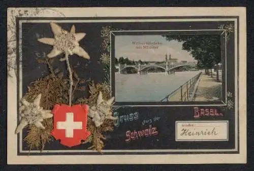 Trockenblumen-AK Basel, Wettsteinbrücke mit Münster, echte Trockenblume Edelweiss und schweizer Wappen
