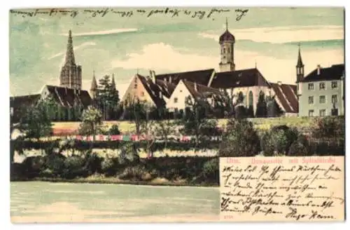 Relief-AK Ulm / Donau, Donauseite mit Spitalkirche