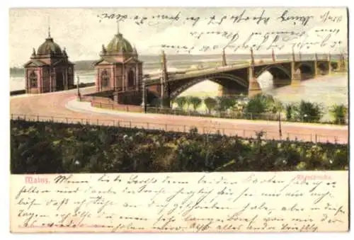 Relief-AK Mainz, Blick auf die Rheinbrücke