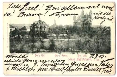 Relief-AK Worms a. Rh., Heyl`s Hof, Heyl`s Garten und der Dom