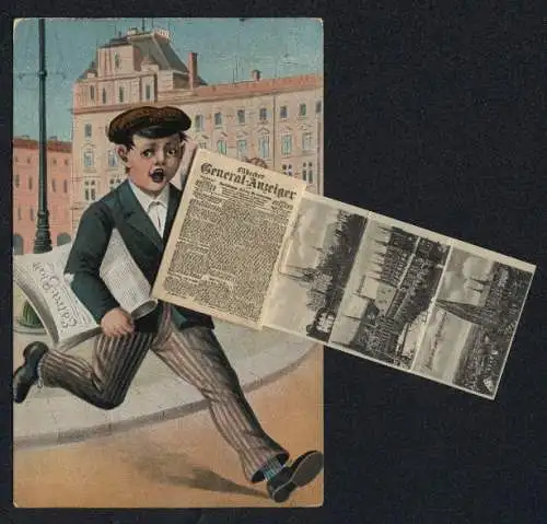 Leporello-AK Lübeck, Ansichten in der Zeitung, Holstentor mit Holstenbrücke, Navigationsschule, Marienkirche, Dom