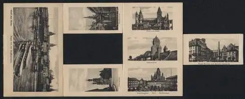 Klapp-AK Mainz, Ortsansicht mit Dampfer von der Strassenbrücke, Stadttheater, Christuskirche, Marktbrunnen, Peterskirche