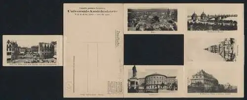 Klapp-AK Mainz, Ortsansicht mit Dampfer von der Strassenbrücke, Stadttheater, Christuskirche, Marktbrunnen, Peterskirche