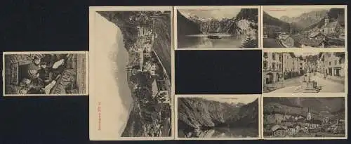 Klapp-AK Berchtesgaden, Ortsansicht vom Lockstein, Lesehalle, Almbachklamm, Scharitzkehlalm