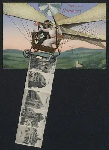 Leporello-AK Nürnberg, Ansichten im Flugzeug, Frauenkirche, Schöner Brunnen, Erker am Sebalder Pfarrhof, Dürerhaus