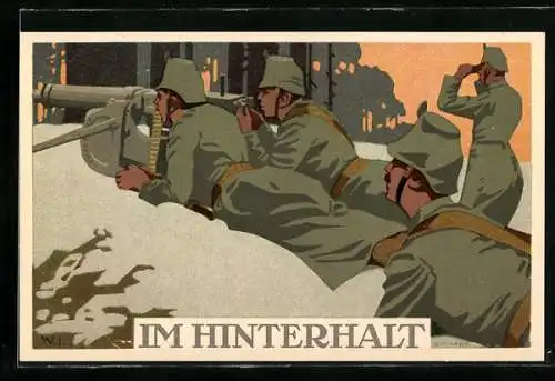 Künstler-AK W.I.: Soldaten am MG