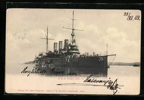 AK Kriegsschiff SMS Kaiser Karl VI. liegt vor Anker