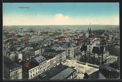 AK Troppau, Ortsansicht mit dem Rathaus aus der Vogelschau
