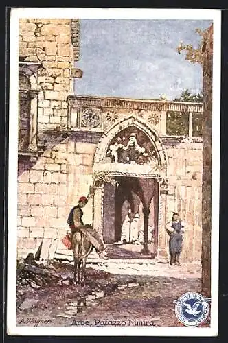 Künstler-AK Arbe, Palazzo Nimira mit Einheimischen, Touristen-Verein Adria