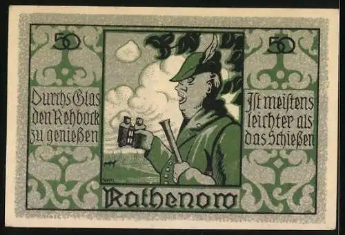 Notgeld Rathenow, 50 Pfennig, Ortsansicht, Jäger mit Fernglas