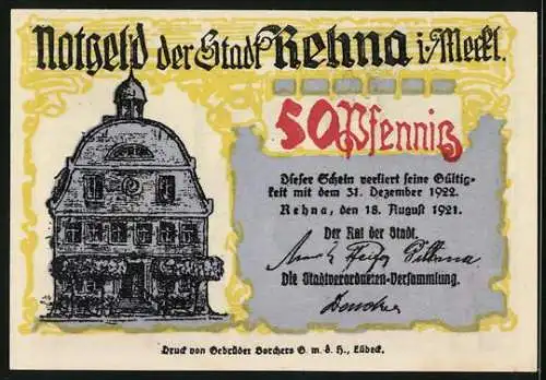 Notgeld Rehna i. Meckl. 1921, 50 Pfennig, Schuster bei der Arbeit