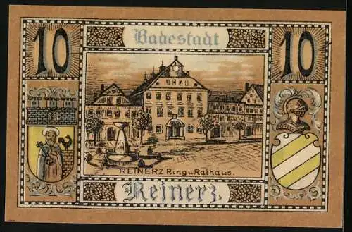 Notgeld Bad Reinerz 1921, 10 Pfennig, Ring und Rathaus