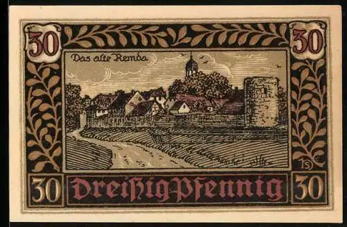 Notgeld Remda i. Thür. 1921, 30 Pfennig, Ortsansicht, Wappen