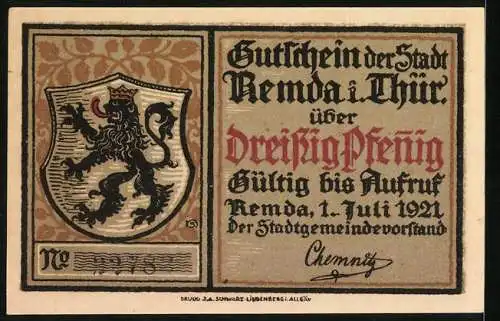 Notgeld Remda i. Thür. 1921, 30 Pfennig, Ortsansicht, Wappen