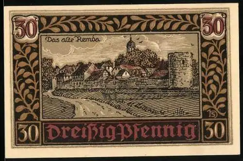 Notgeld Remda i. Thür. 1921, 30 Pfennig, Ortsansicht, Wappen