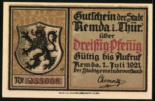 Notgeld Remda i. Thür. 1921, 30 Pfennig, Ortsansicht, Wappen