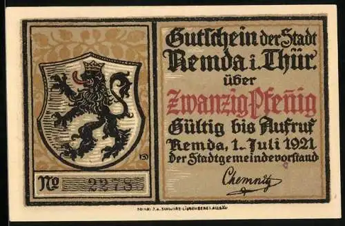 Notgeld Remda i. Thür. 1921, 20 Pfennig, Rathaus, Wappen